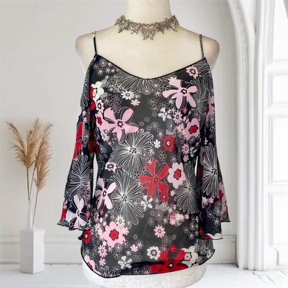 Fairy Whimsygoth Semi Sheer Off The Shoulder Bell Sleeve Floral Flower Top S - Picture 1 of 8